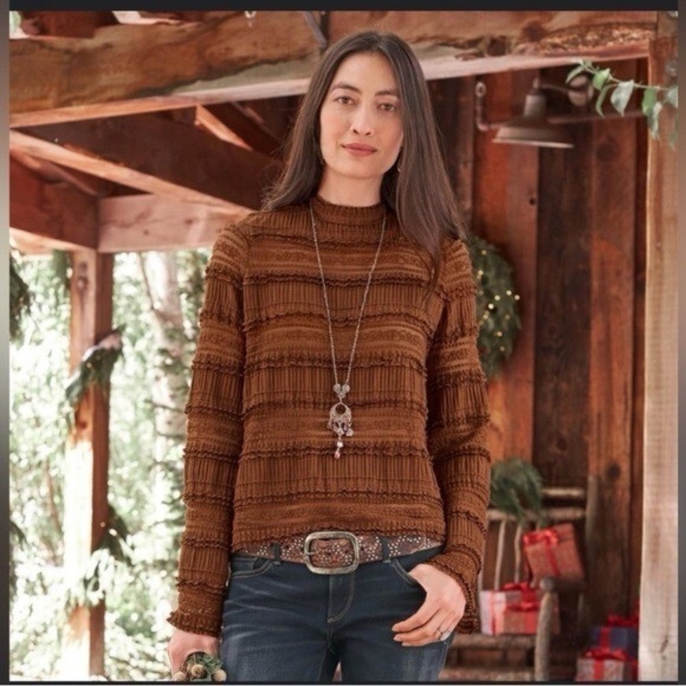 ByTimo Rust Brown Ruffle Lace‎ Long Sleeves Western-Boho Blouse Size M